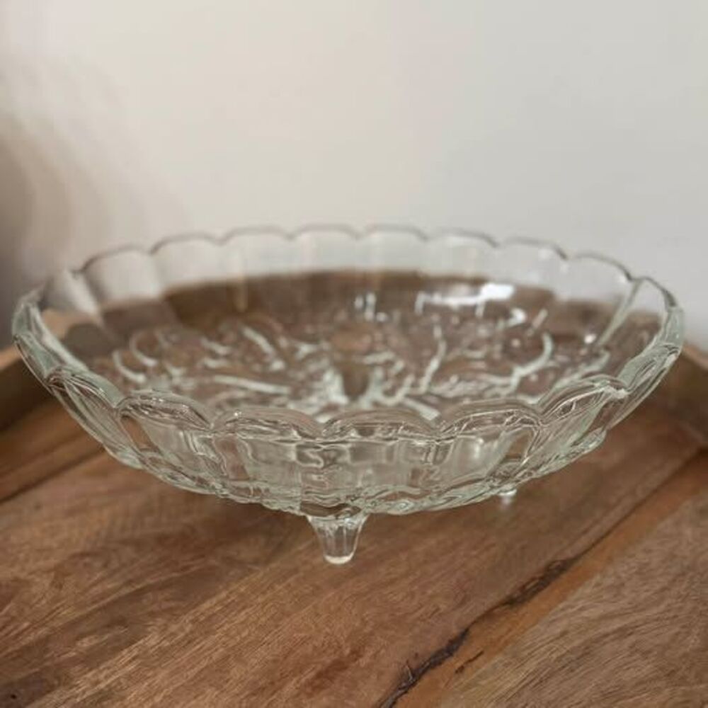 Vintage Scalloped Clear Glass Footed Bowl
